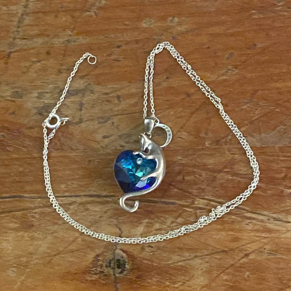 Blue crystal Cat moon necklace